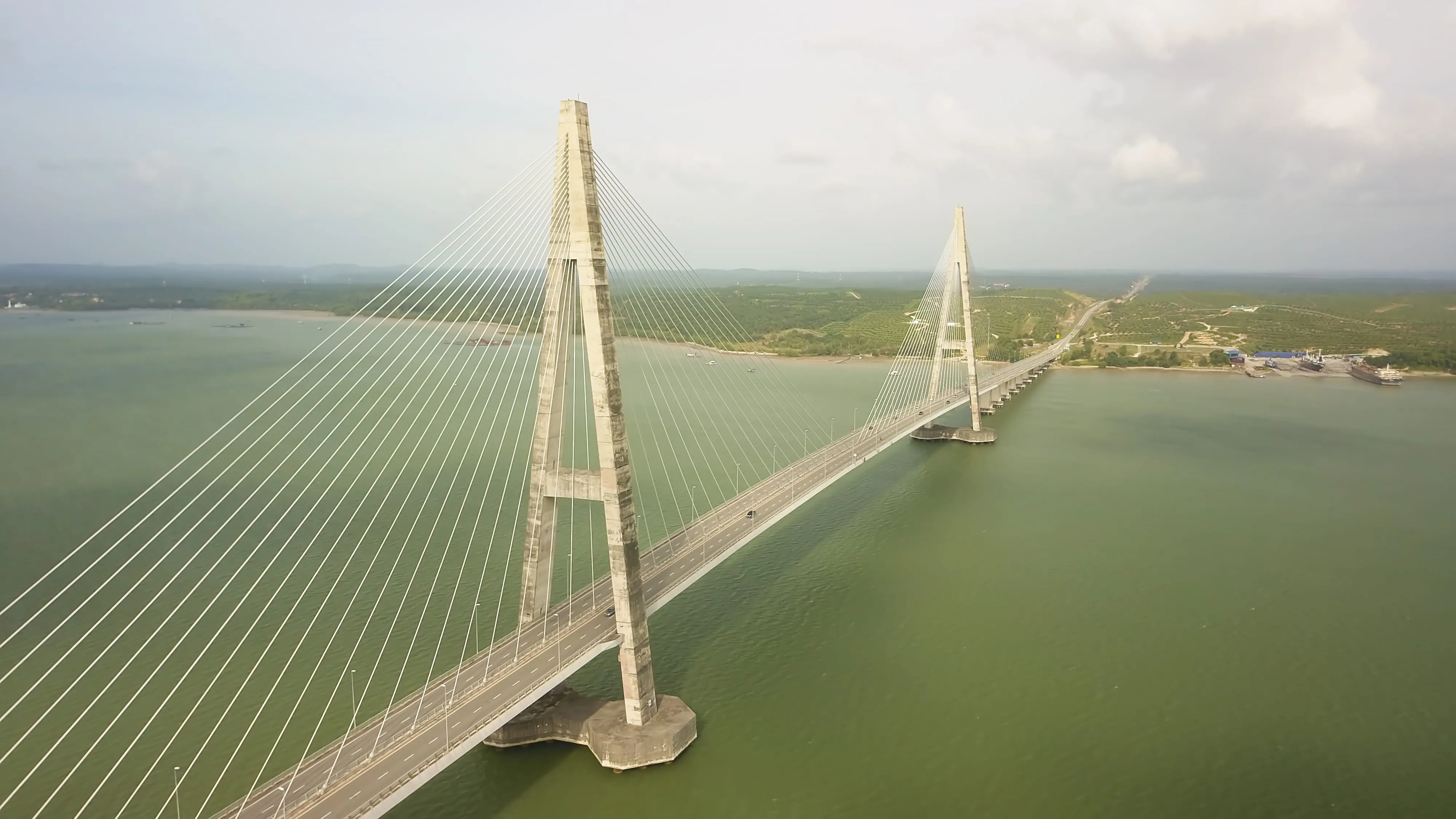 A suspended bridge, as seen from an aerial view