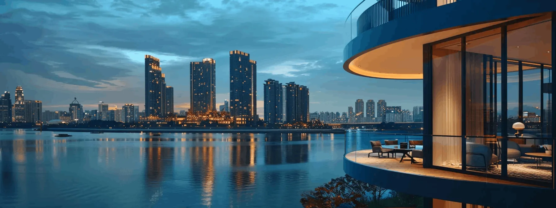 Penthouse overlooking a body of water and skyline